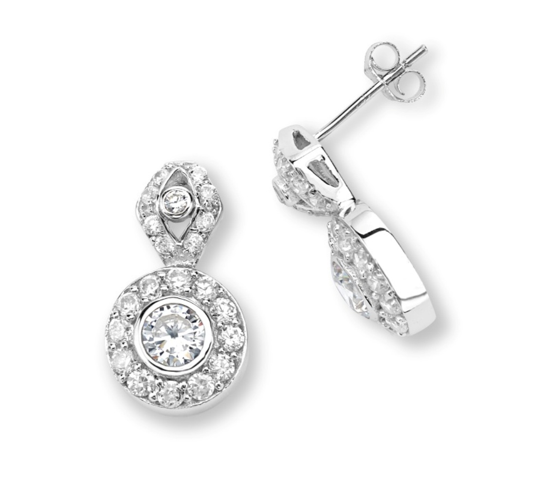 Inlaid Round CZ Earrings, Rhodium Plated Sterling Silver. 