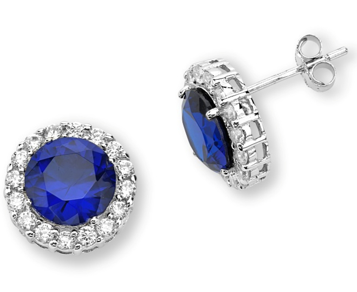 Blue Sapphire CZ and White CZ Halo Post Earrings, Rhodium Plated Sterling Silver