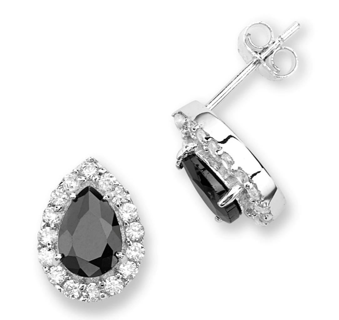 Black and White CZ Teardrop Earrings, Rhodium Plated Sterling Silver