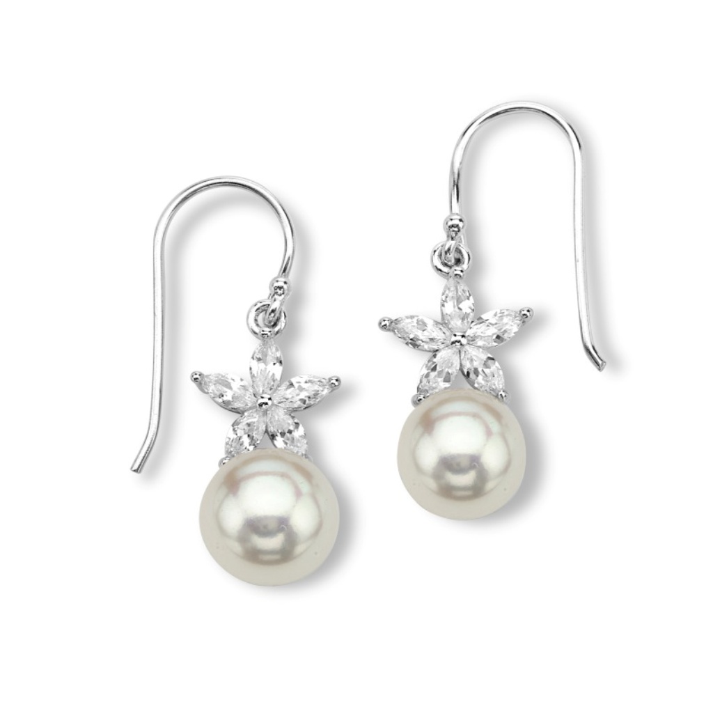 White freshwater cultured pearl and CZ Dangle Earrings, Rhodium Plated Sterling Silver