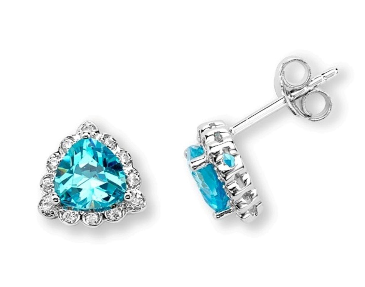 Blue Topaz CZ Trillion and CZ Post Earrings, Rhodium Plated Sterling Silver