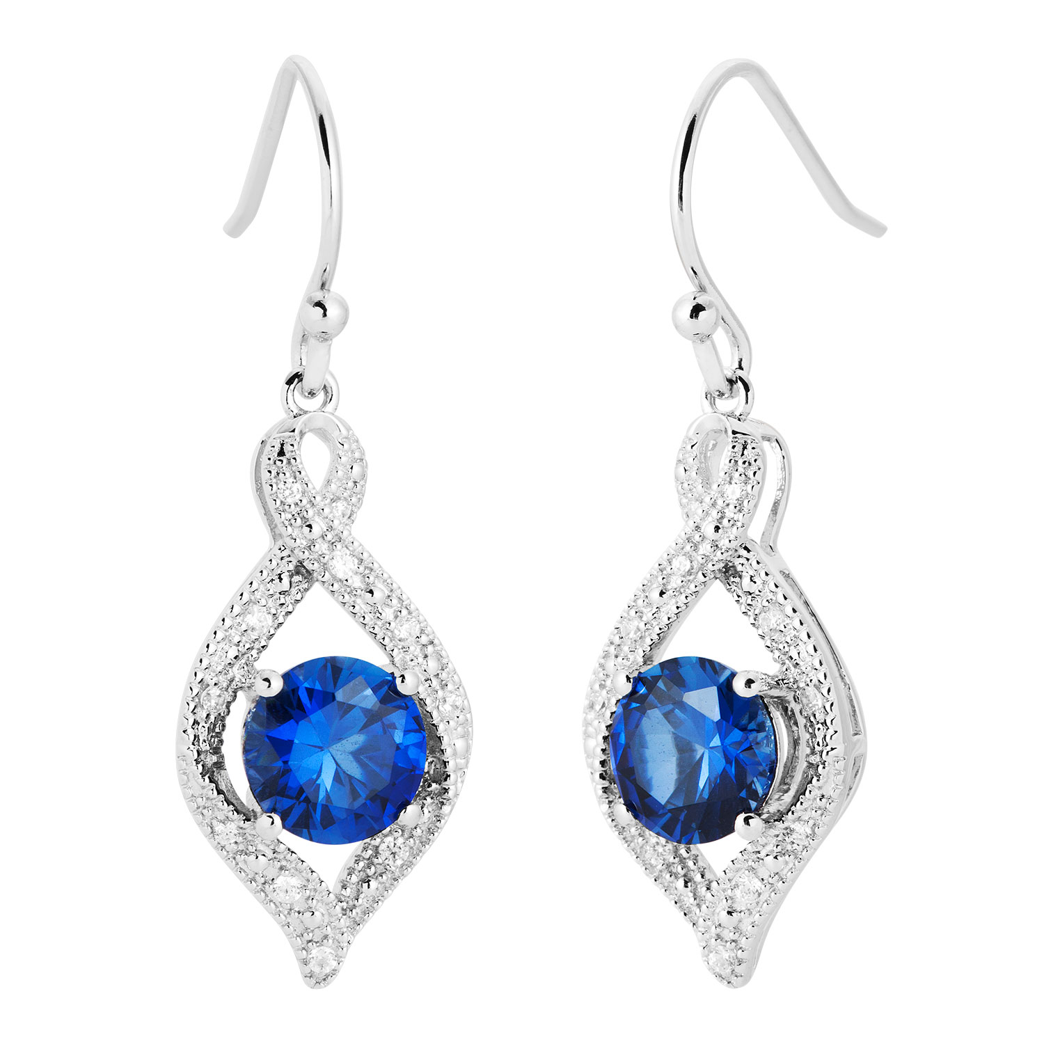 Round Blue and White CZ Earrings, Rhodium Plated Sterling Silver