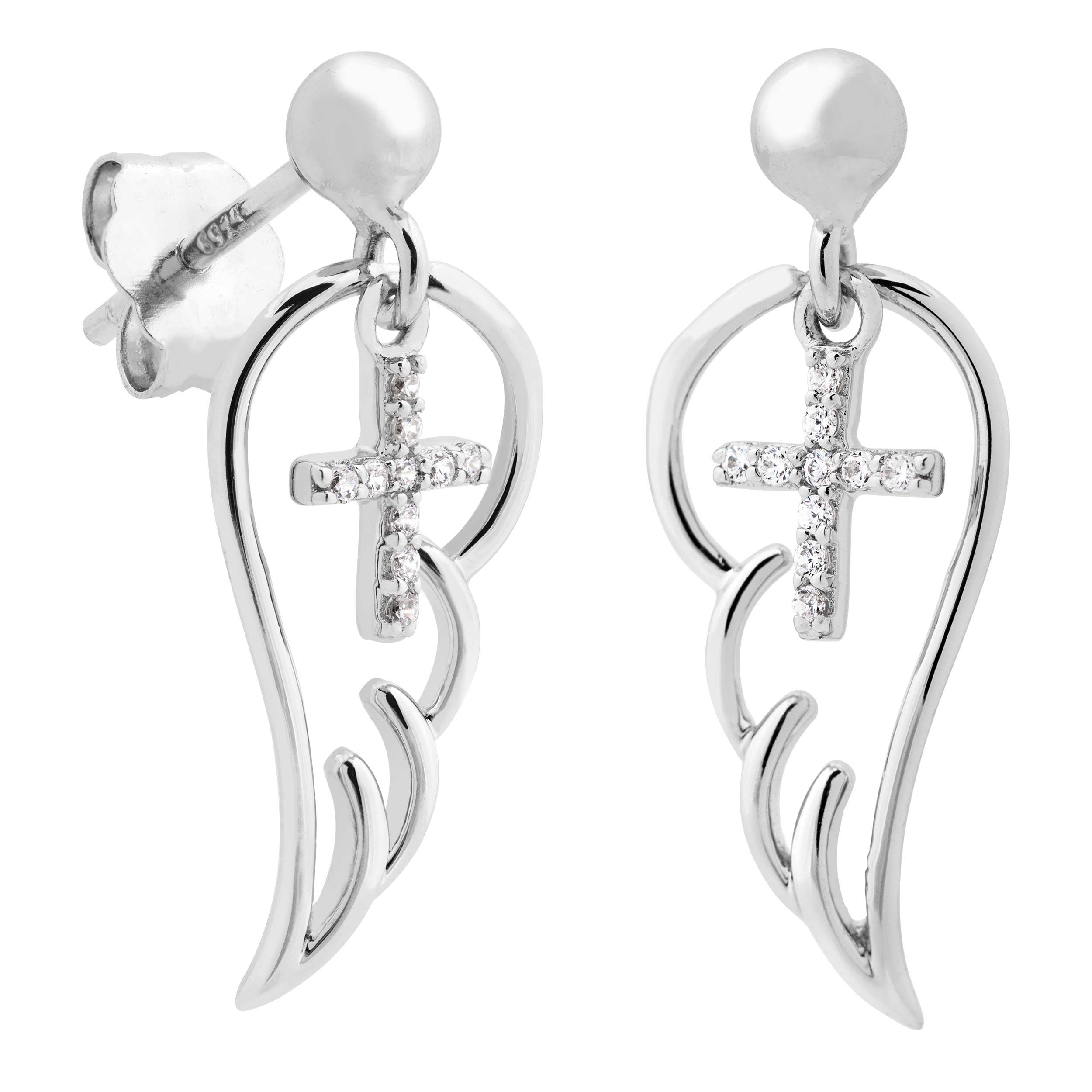 Mirro Polished Angel Wing, Cross with CZ's Earrings, Sterling Silver