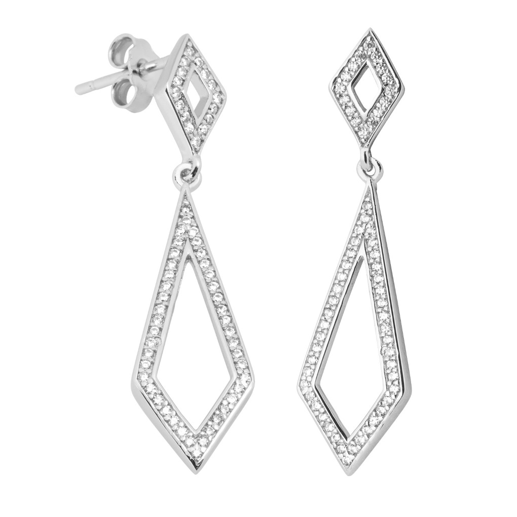 Cubic Zirconia Inlaid Sharp Angles Dangle Earrings,  Rhodium Plated Sterling Silver