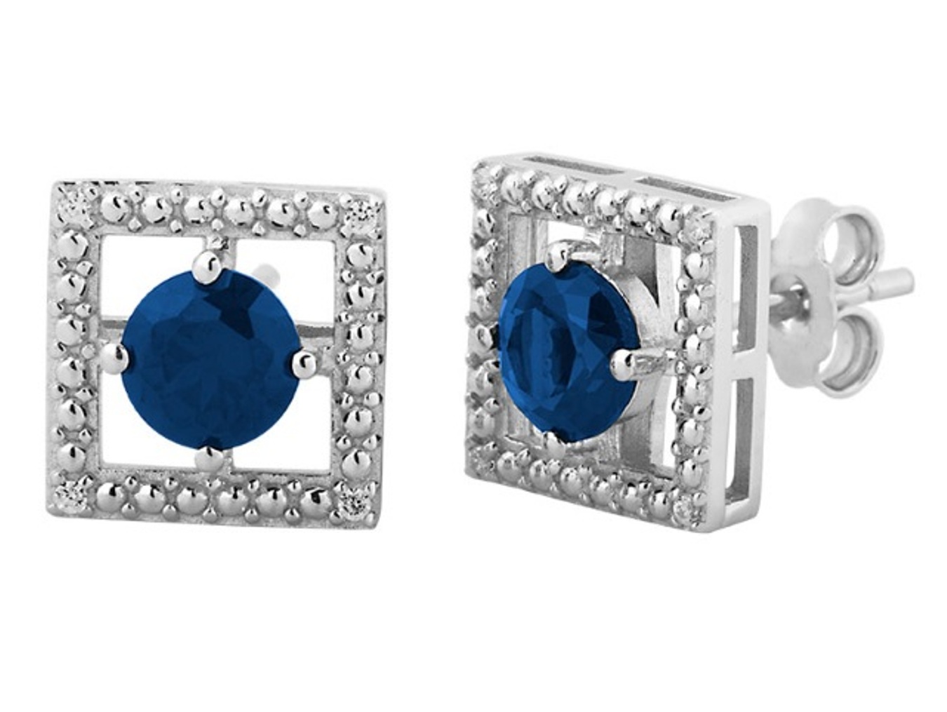 Round Blue CZ Square Earrings, Rhodium Plated Sterling Silver