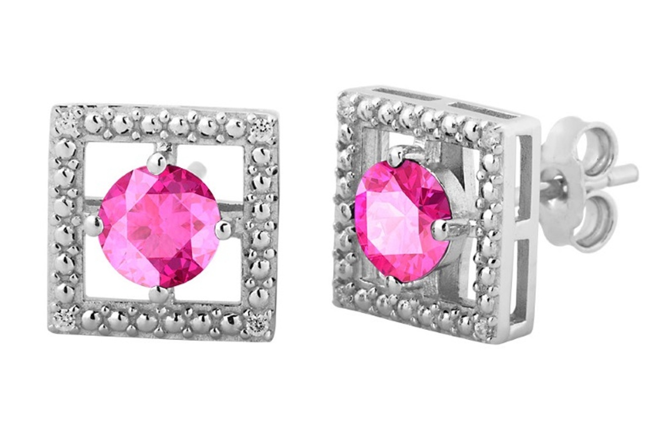 Round Pink CZ Square Earrings, Rhodium Plated Sterling Silver