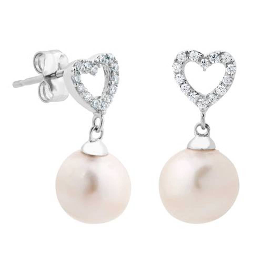 White freshwater cultured pearl with Heart CZ's Earrings, Sterling Silver