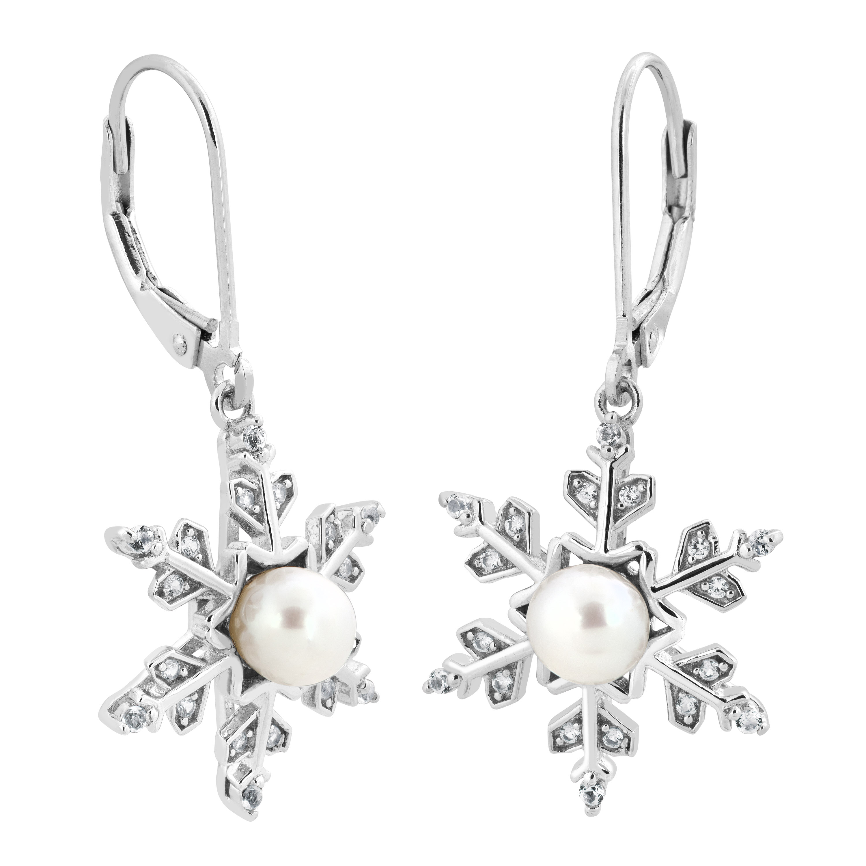 Snowflake white freshwater cultured pearl and CZ dangle earrings handmade in rhodium plated sterling silver.