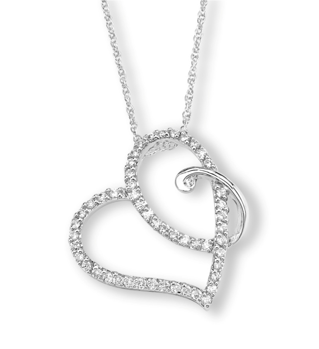  Petite CZ Heart Pendant Necklace, Rhodium Plated Sterling Silver, 18