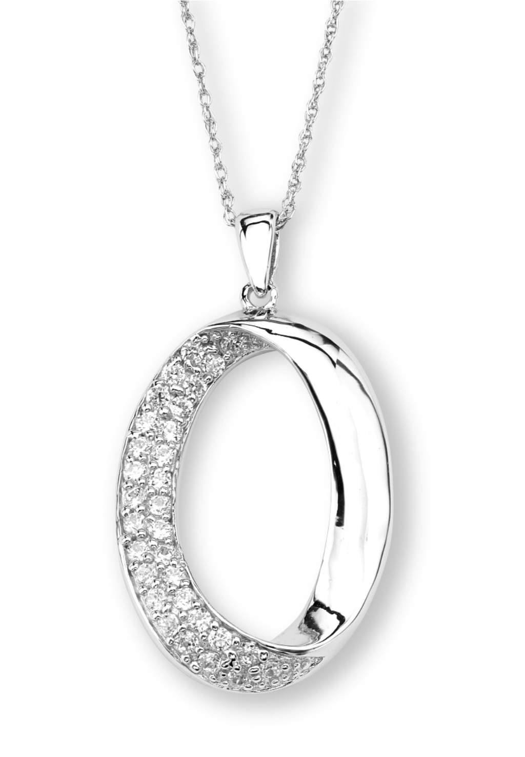 Beveled Edging CZ Circle Pendant Necklace, Rhodium Plated Sterling Silver, 18