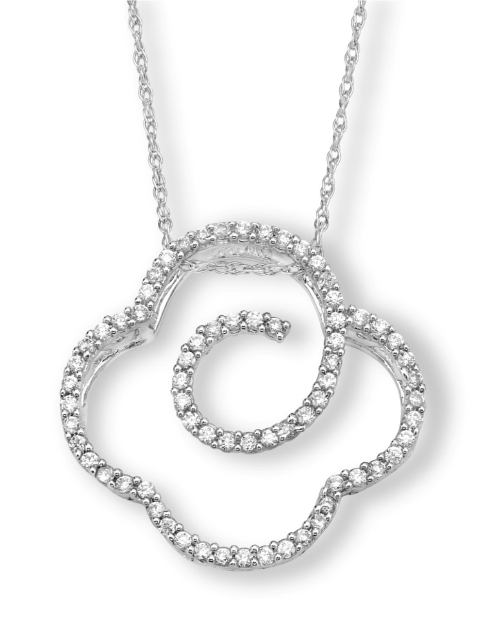  Petite Round CZ Quaterfoil Pendant Necklace, Rhodium Plated Sterling Silver, 18