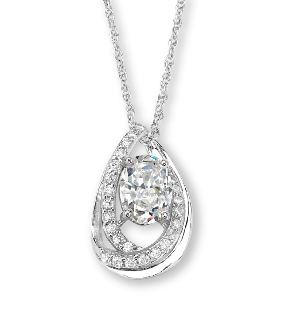 Round CZ Pear Pendant Necklace, Rhodium Plated Sterling Silver, 18