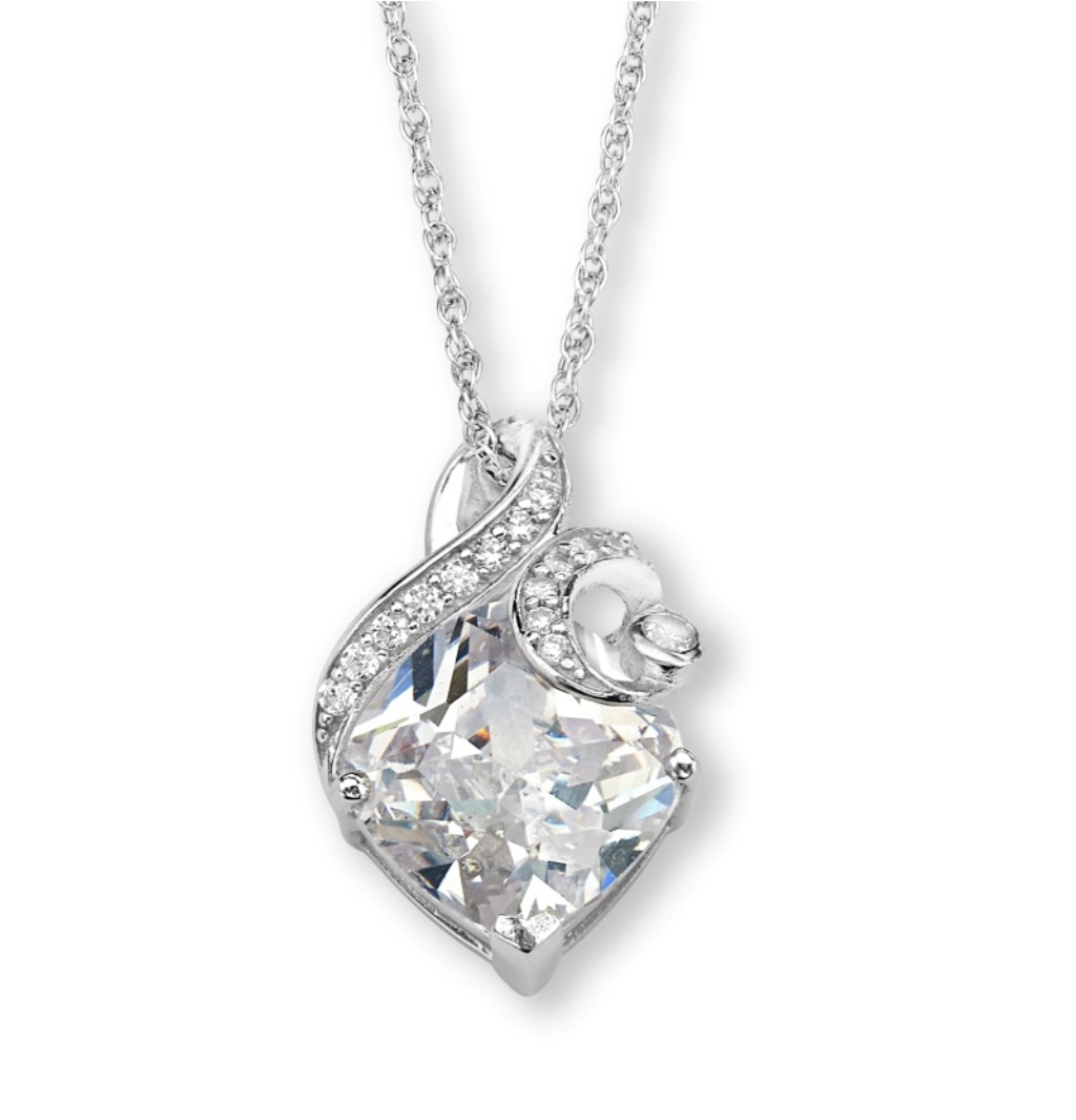 Cushion-Cut CZ Wrap Pendant Necklace, Rhodium Plated Sterling Silver, 18