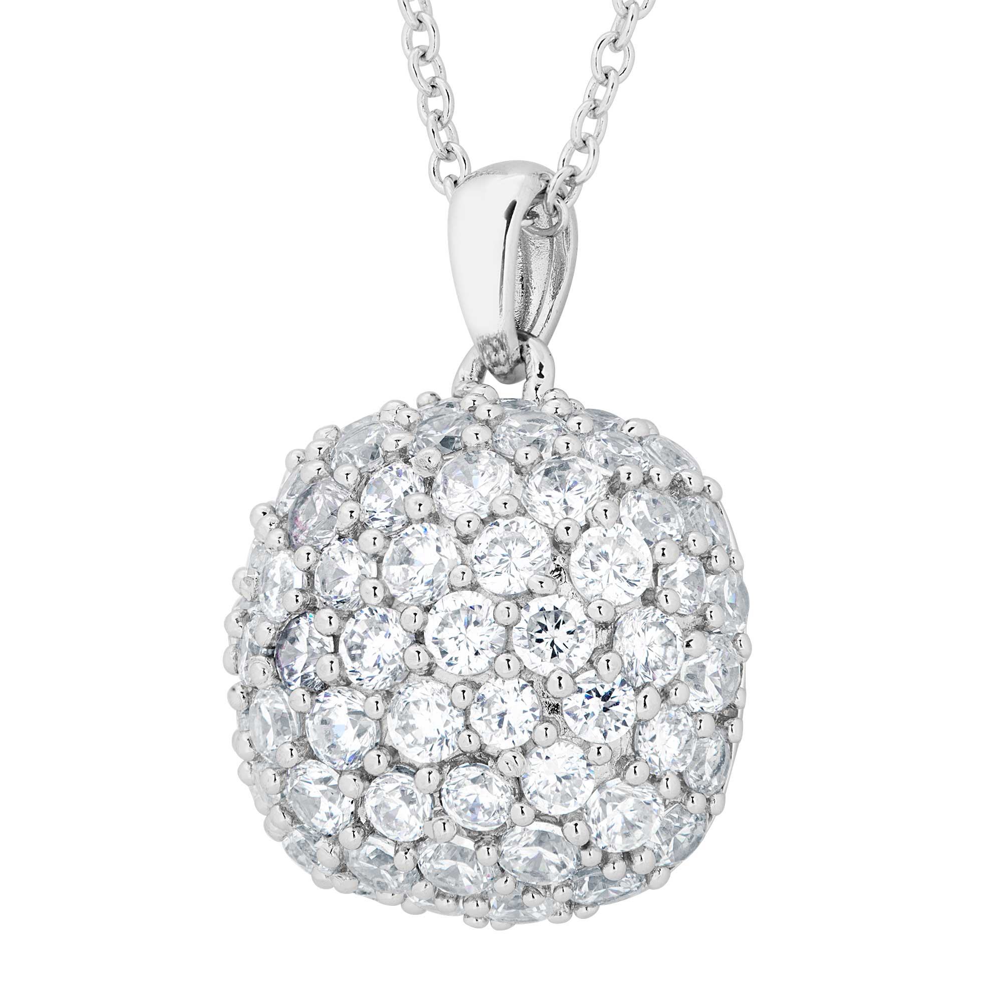 Dome Round Cubic Zirconia Pendant Necklace, Rhodium Plated Sterling Silver, 18
