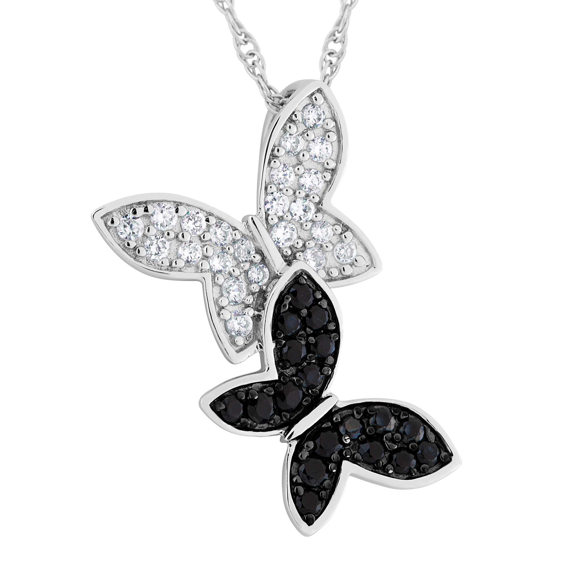 White CZ and Black Spinel Butterfly Pendant Necklace, Rhodium Plated Sterling Silver, 18