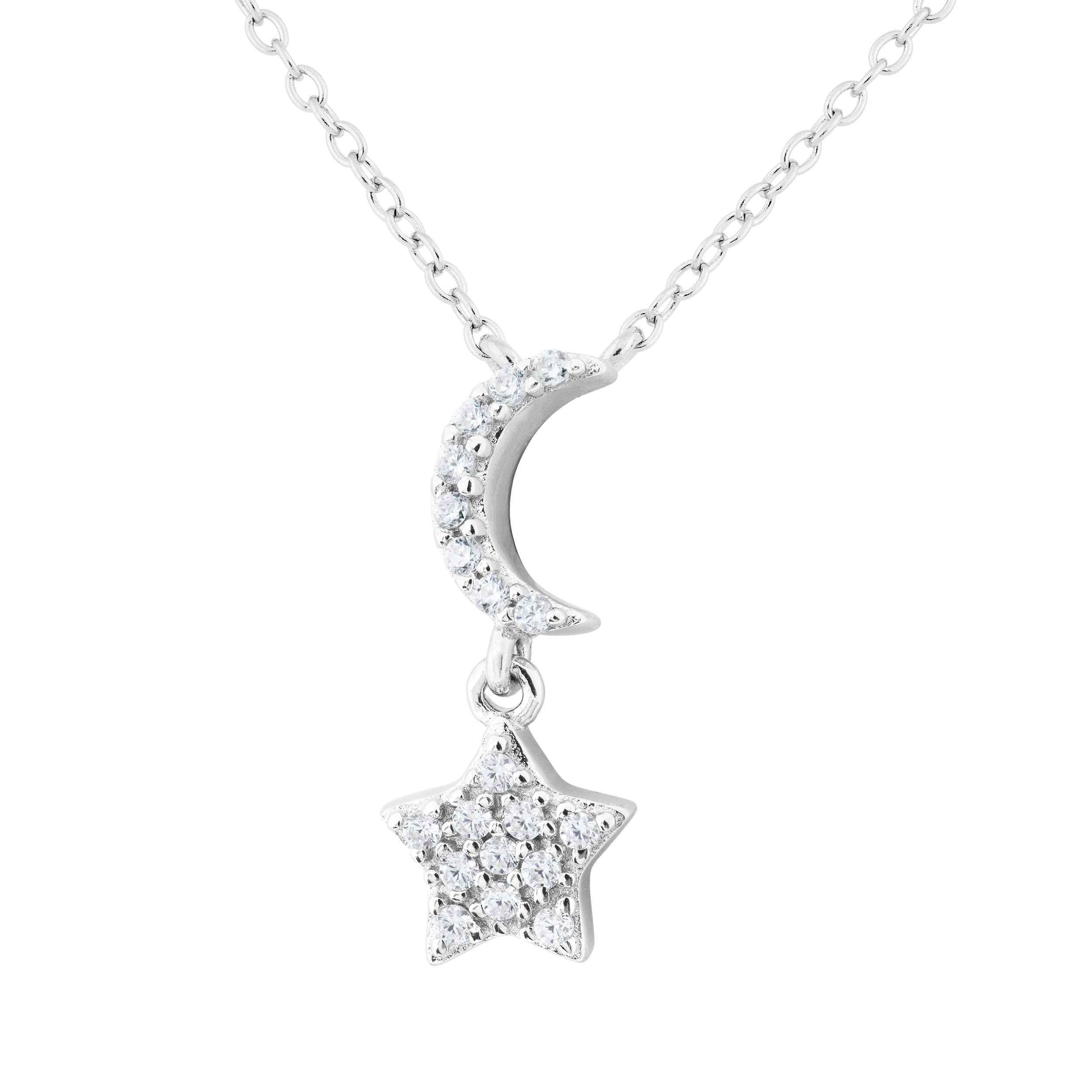Moon and Star Pendant Necklace, Rhodium Plated Sterling Silver, 18