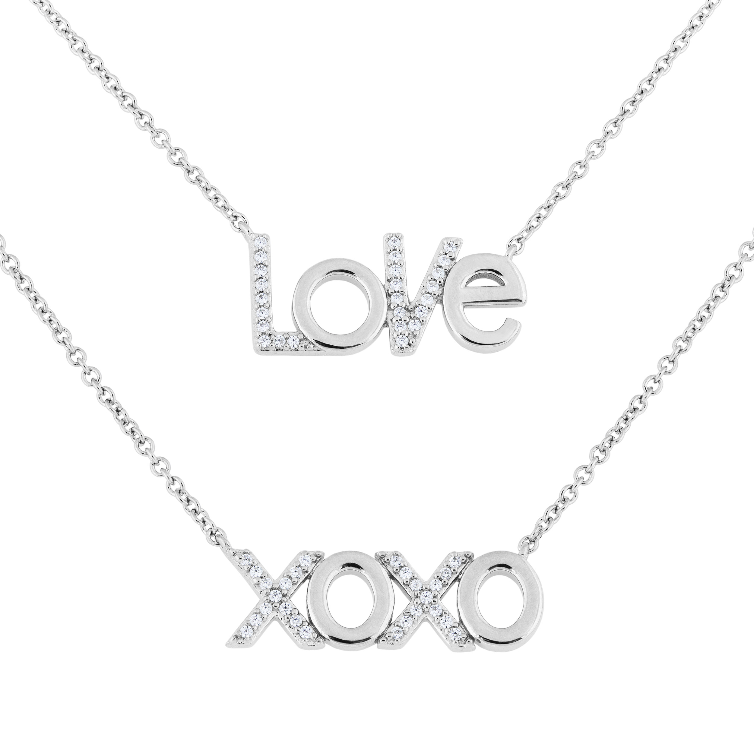 LOVE' and 'XOXO' Cubic Zirconia Layered Necklace, Rhodium Plated Sterling Silver, 18