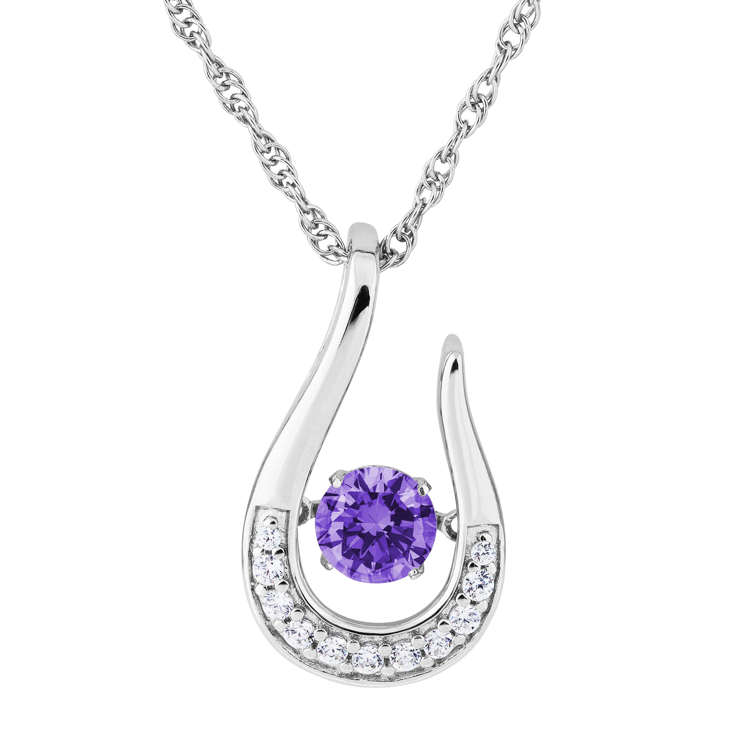 Amethyst CZ with Cubic Zirconia February Teardrop Pendant Necklace, Rhodium Plated Sterling Silver img title=