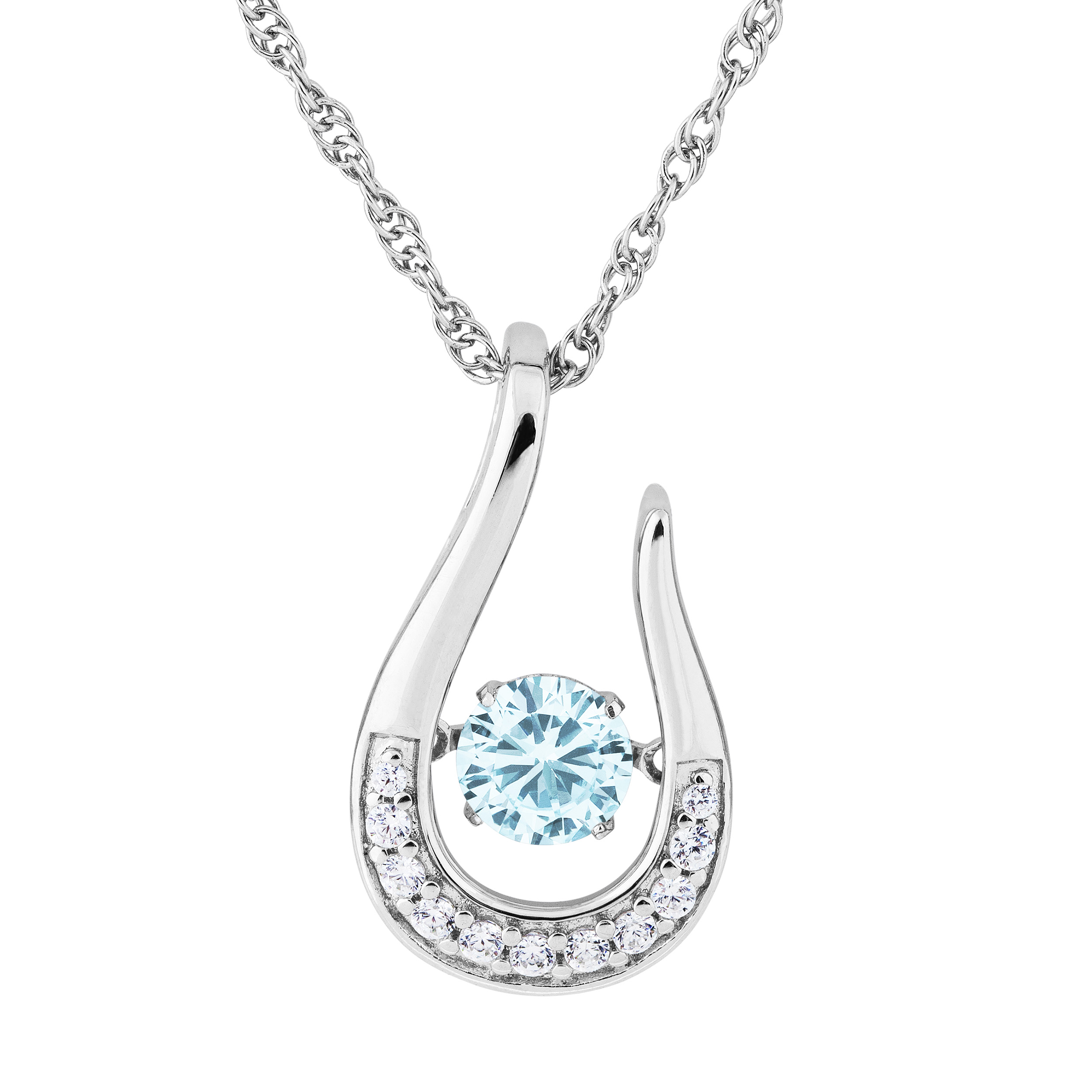 Aquamarine CZ with Cubic Zirconia March Teardrop Pendant Necklace, Rhodium Plated Sterling Silver img title=