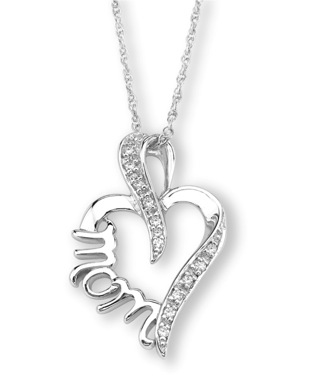  'MOM' Heart Pendant Necklace, Rhodium Plated Sterling Silver, 18