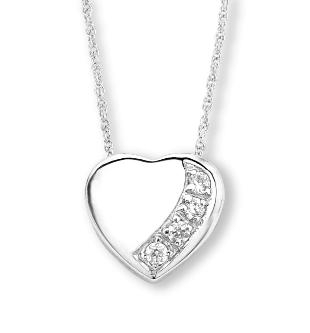  CZ Dome Heart Pendant Necklace, Rhodium Plated Sterling Silver, 18