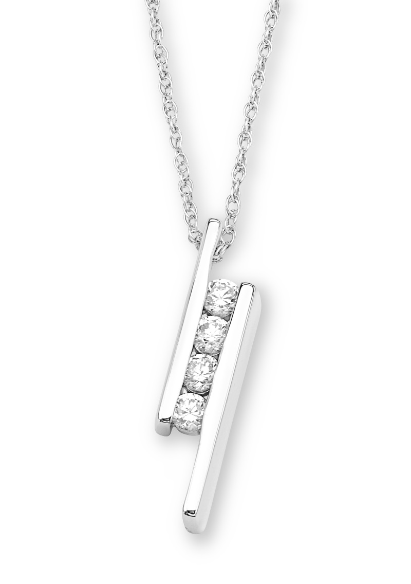  Channel-Set Cubic Zirconia Pendant Necklace, Rhodium Plated Sterling Silver, 18