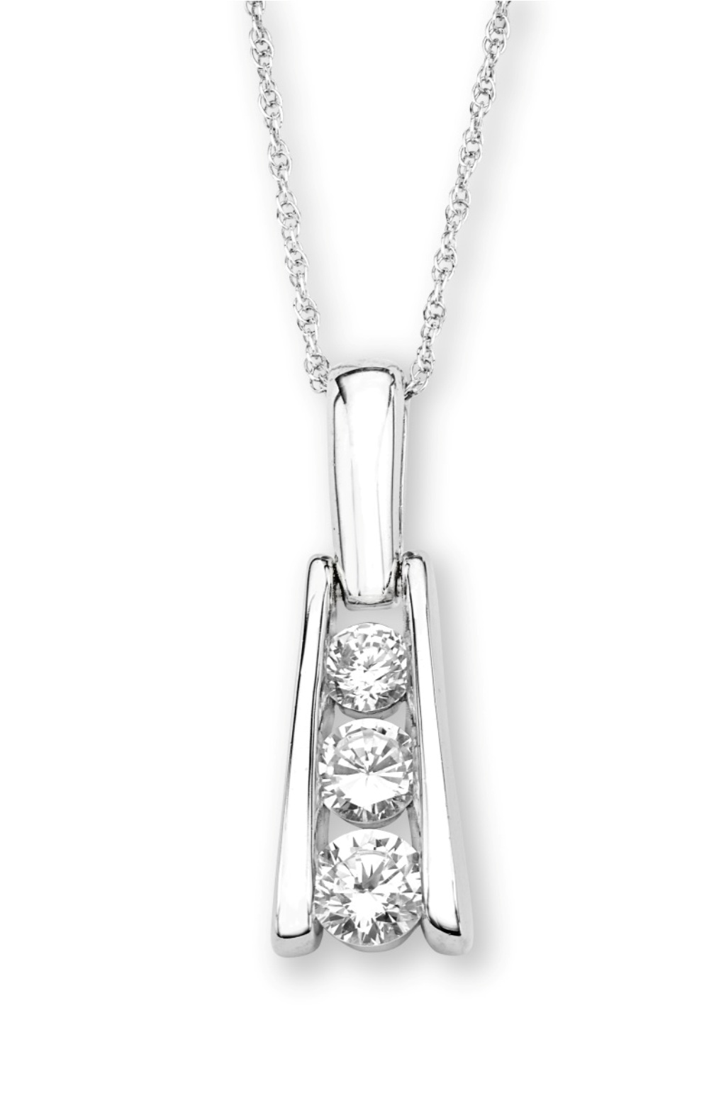  Graduated CZ Trapezium Pendant Necklace, Rhodium Plated Sterling Silver, 18