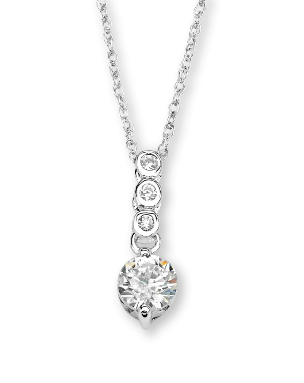 Round CZ Dangle Pendant Necklace, Rhodium Plated Sterling Silver, 18