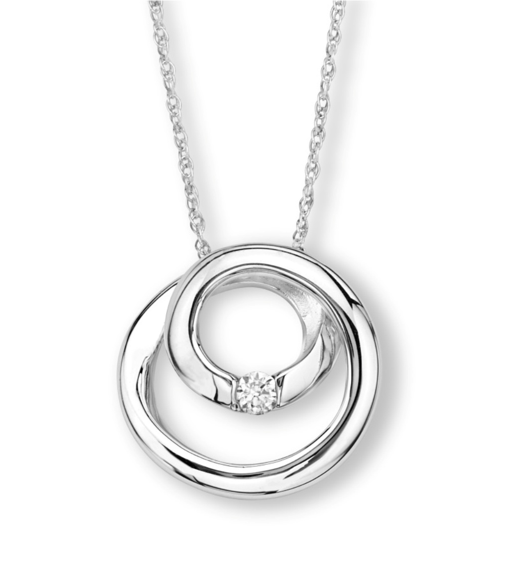  CZ  Mirror Polished Circle Pendant Necklace, Rhodium Plated Sterling Silver, 18