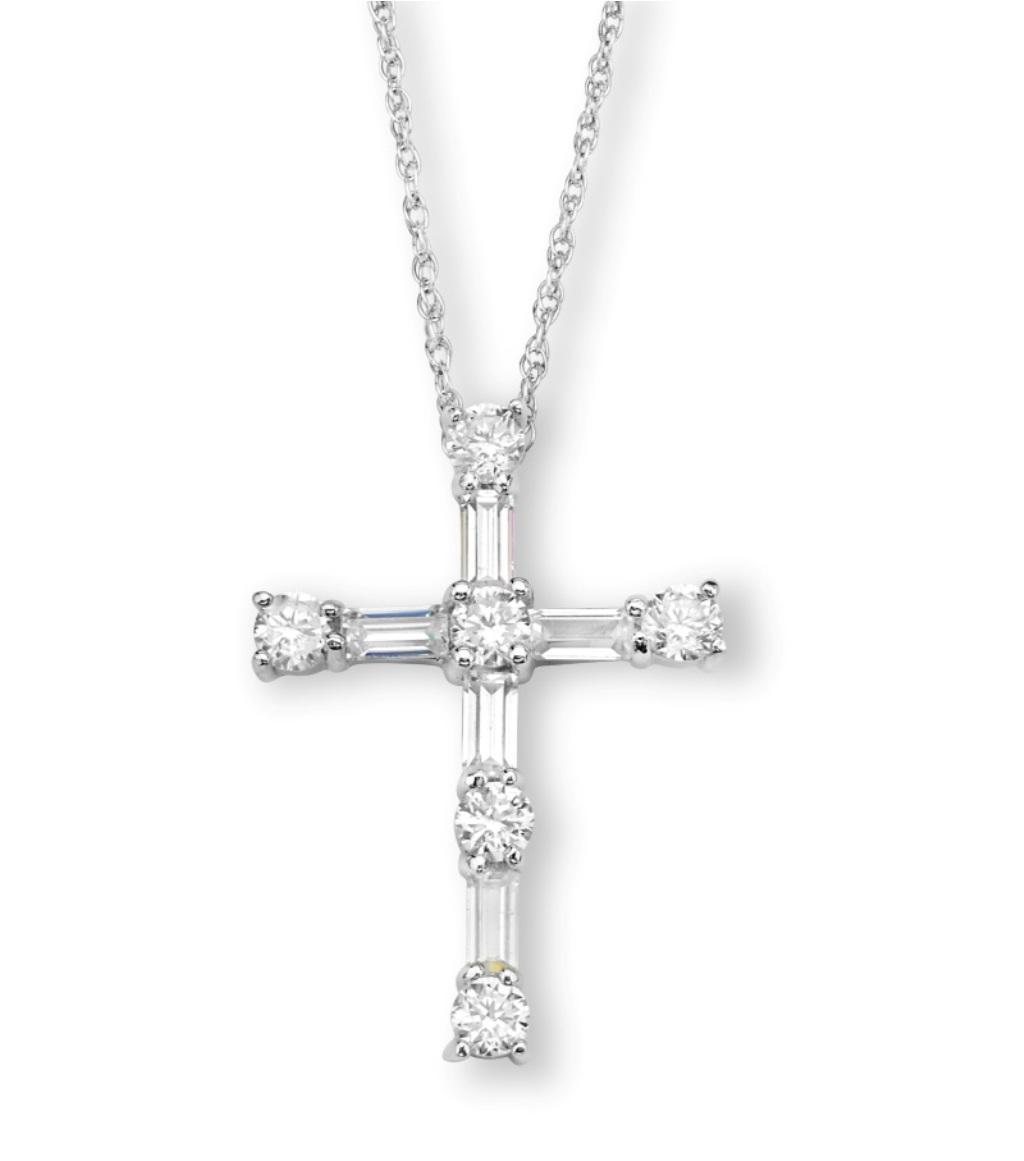 CZ Cross Pendant Necklace, Rhodium Plated Sterling Silver