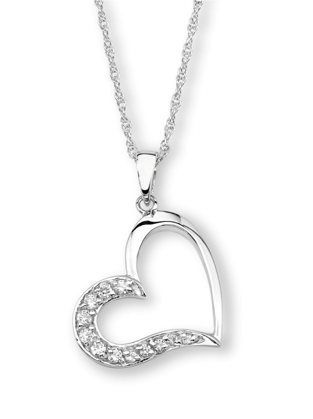  Graduated CZ Heart Pendant Necklace, Rhodium Plated Sterling Silver, 18