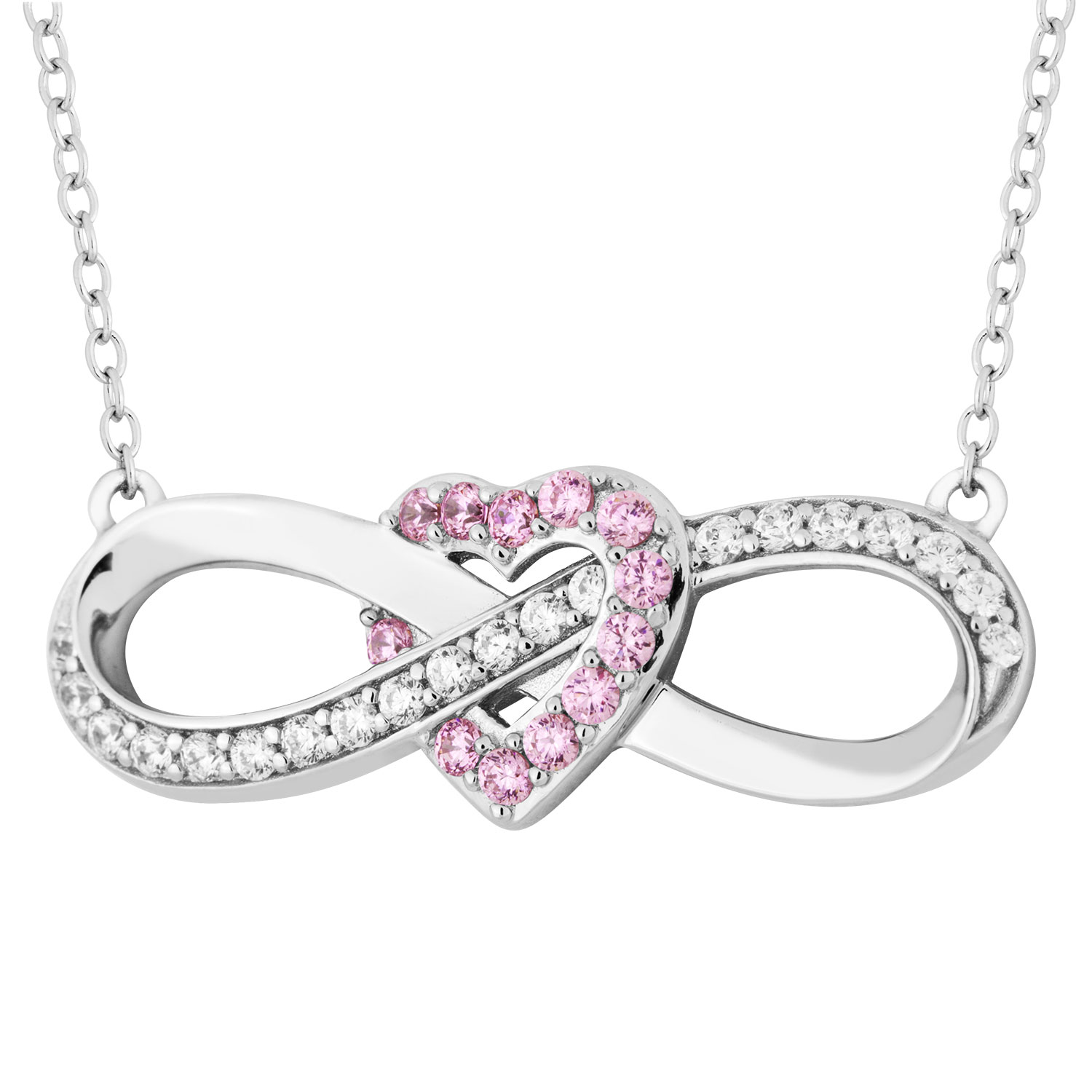 Pink and White CZ with Heart and Infinity Pendant Necklace, Rhodium Finish Sterling Silver