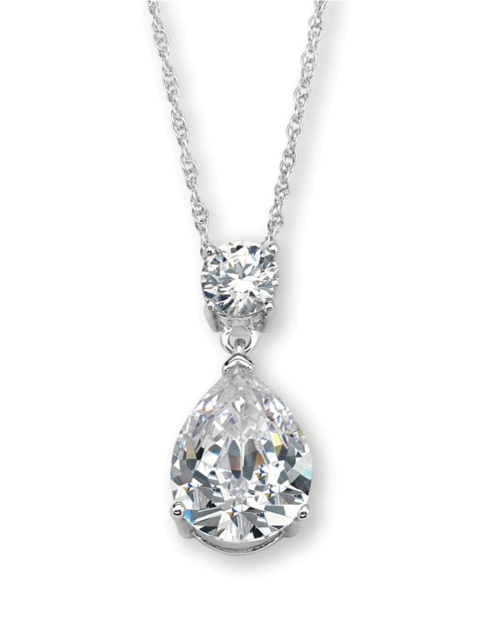 Pear and Round CZ Dangle Pendant Necklace, Rhodium Plated Sterling Silver, 18