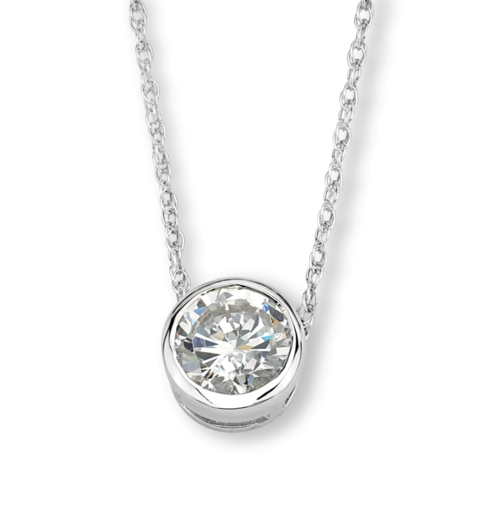 Inlaid Round Cubic Zirconia Pendant Necklace, Rhodium Plated Sterling Silver, 18