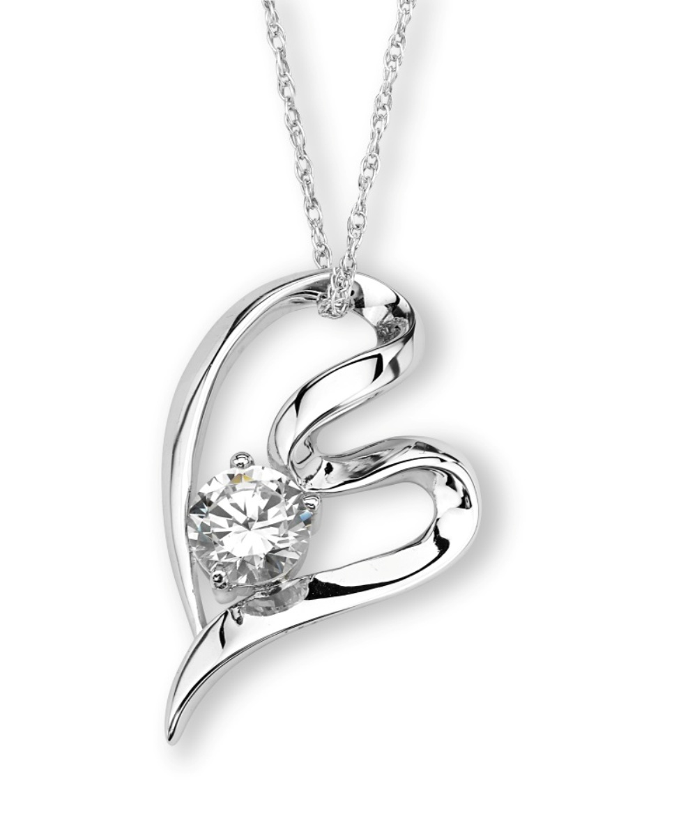  Round CZ Heart Pendant Necklace, Rhodium Plated Sterling Silver, 18