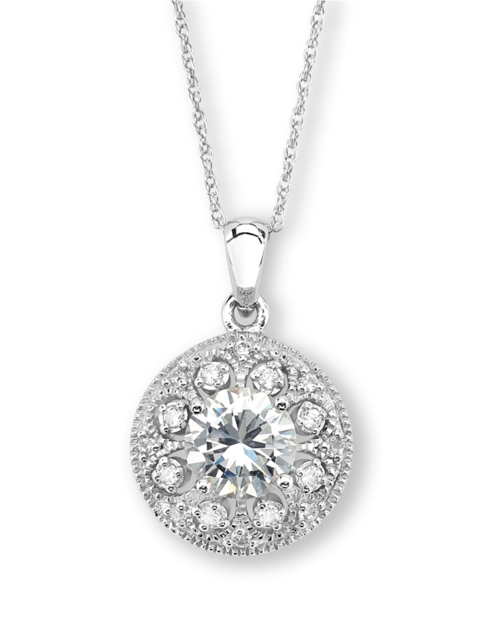 Round CZ  Pendant Necklace, Rhodium Plated Sterling Silver, 18