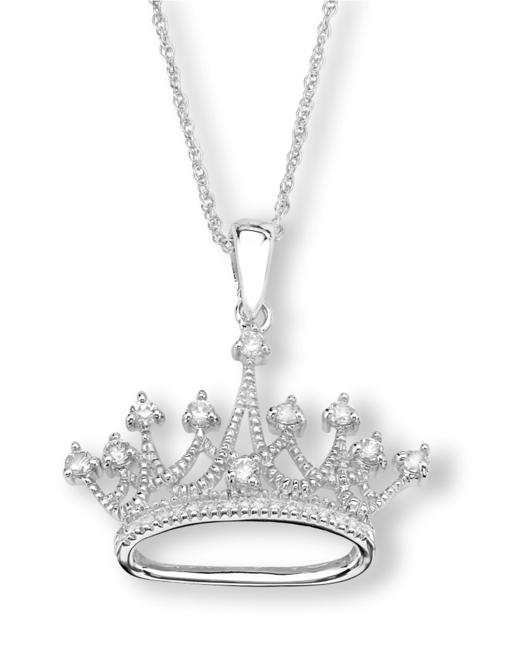 CZ Crown Pendant Necklace, Rhodium Plated Sterling Silver, 18