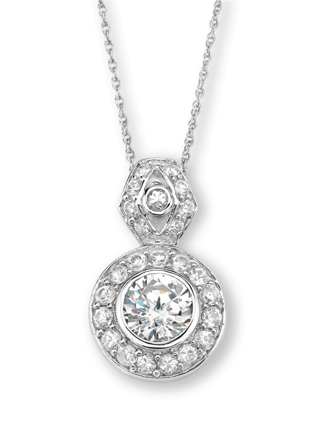 Inlaid Round CZ Pendant Necklace, Rhodium Plated Sterling Silver, 18