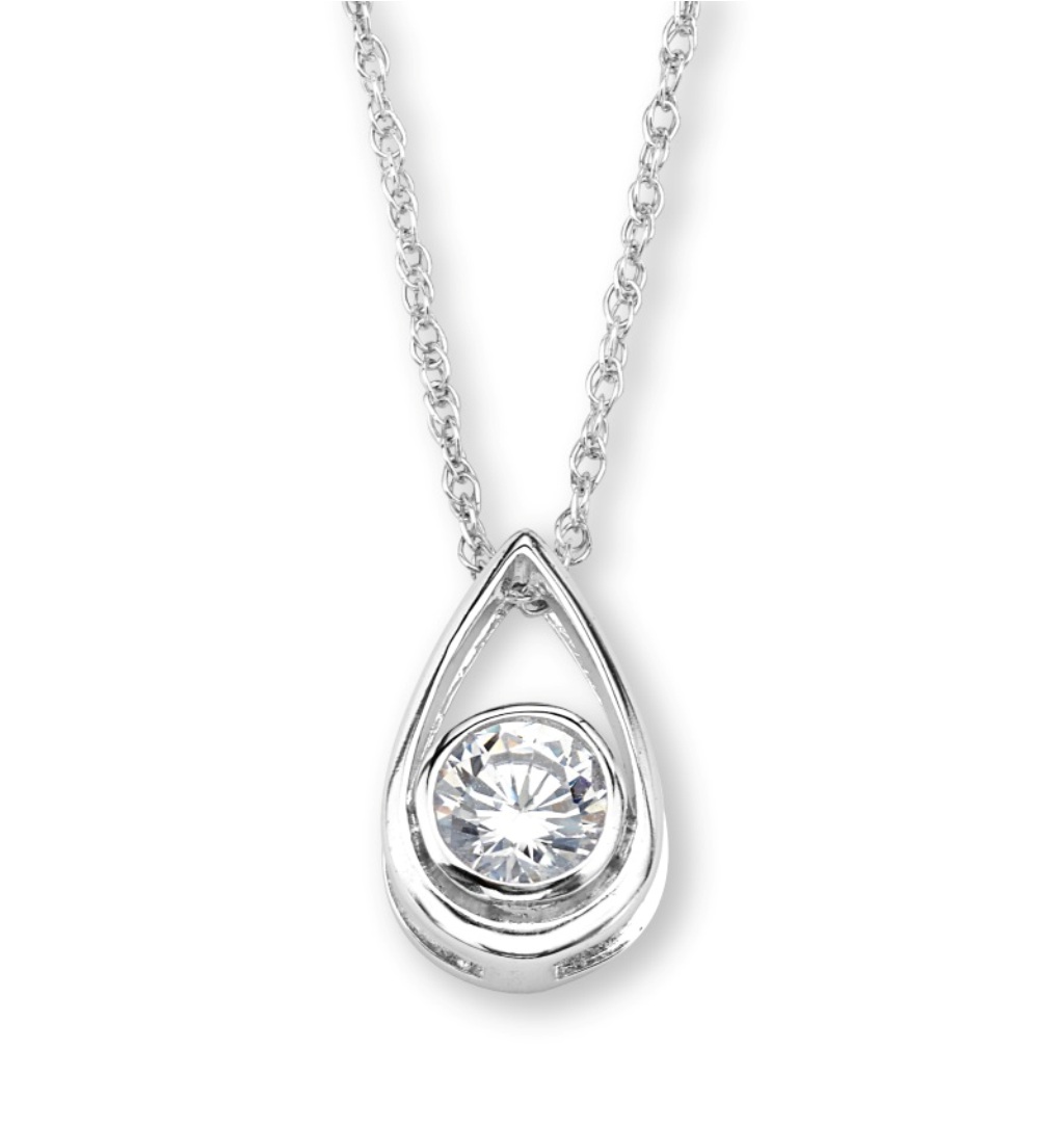 Round CZ Pear Pendant Necklace, Rhodium Plated Sterling Silver, 18