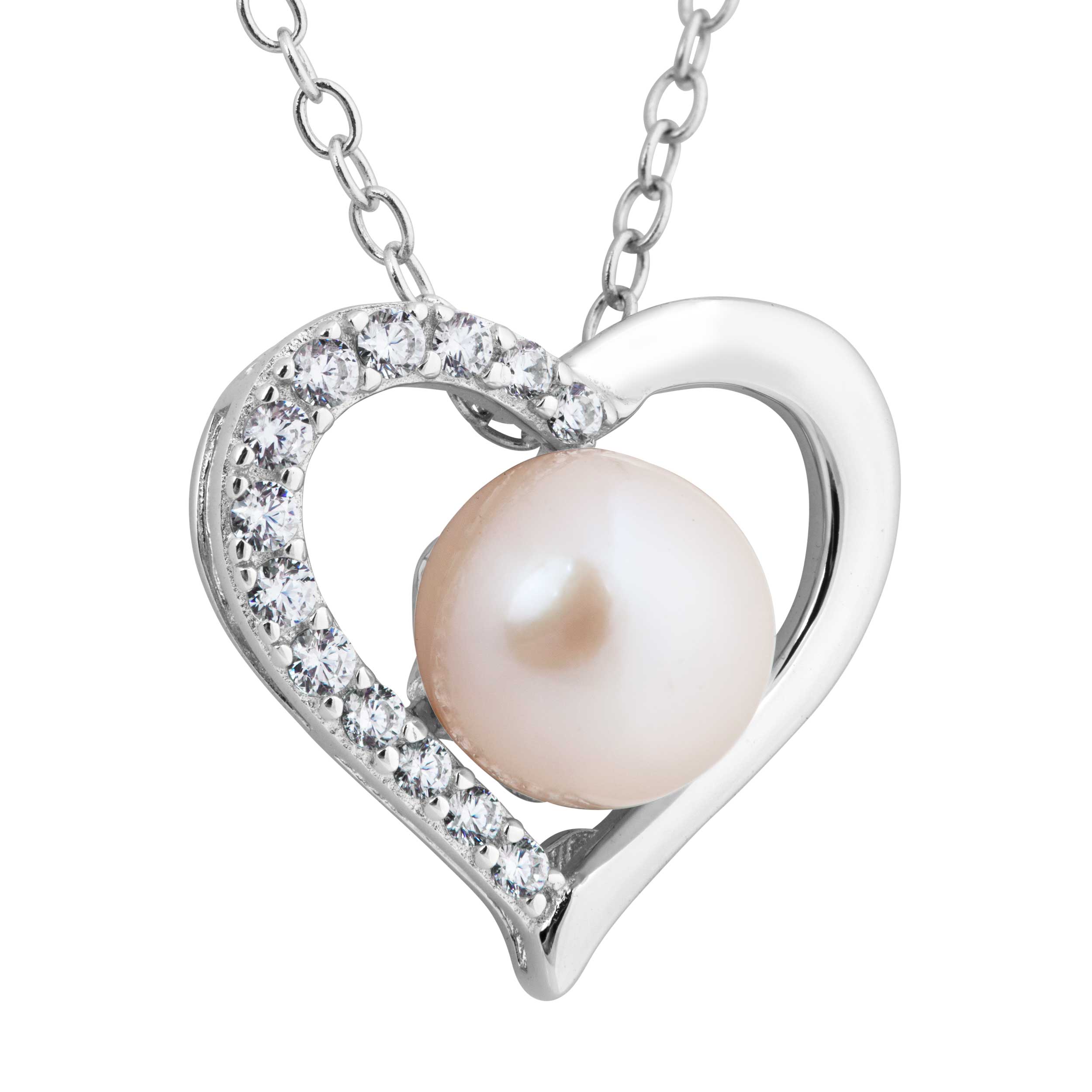 Lush Pearl in Heart with CZ's Pendant Necklace, Sterling Silver