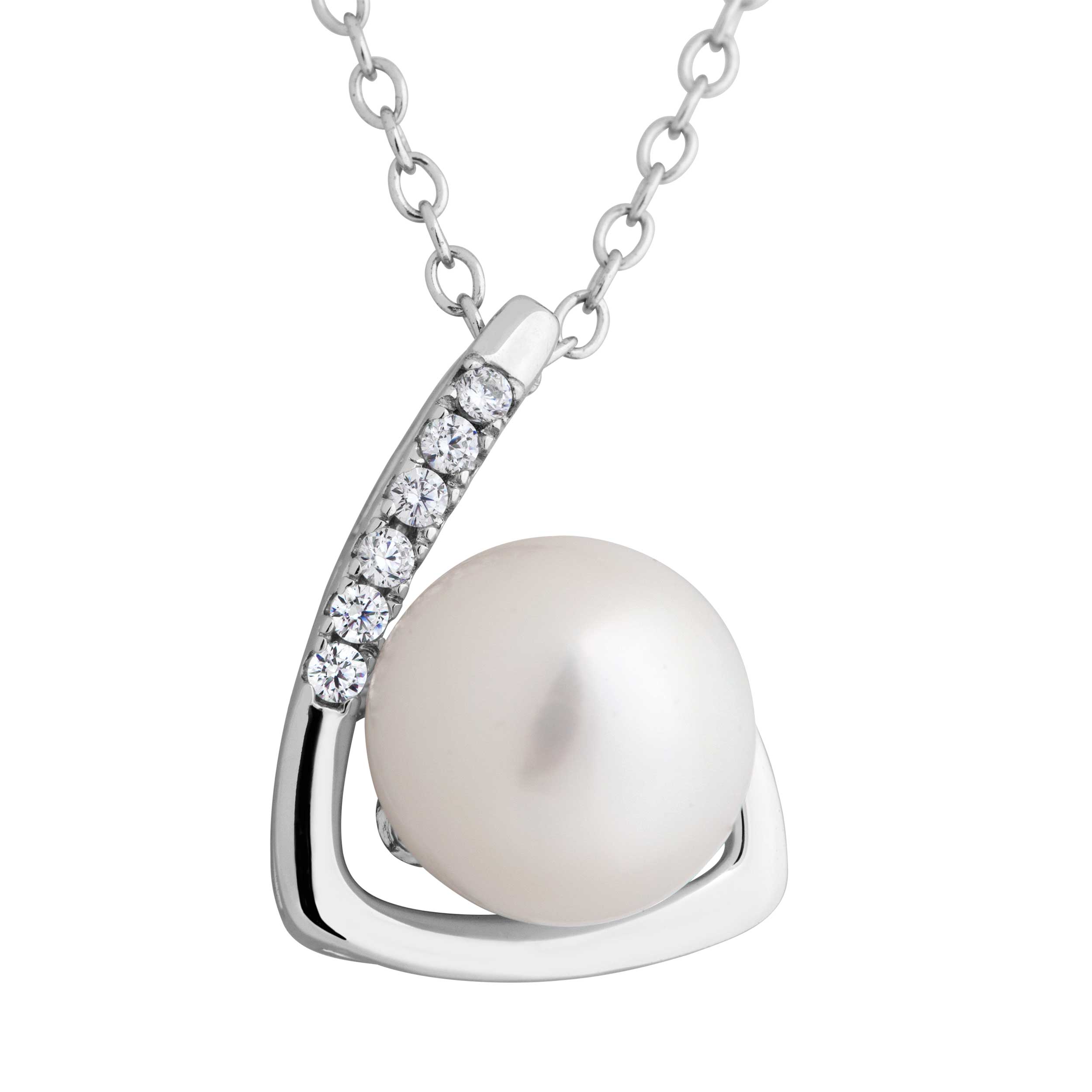 Lush Pearl with CZ's L Bar Pendant Necklace, Sterling Silver