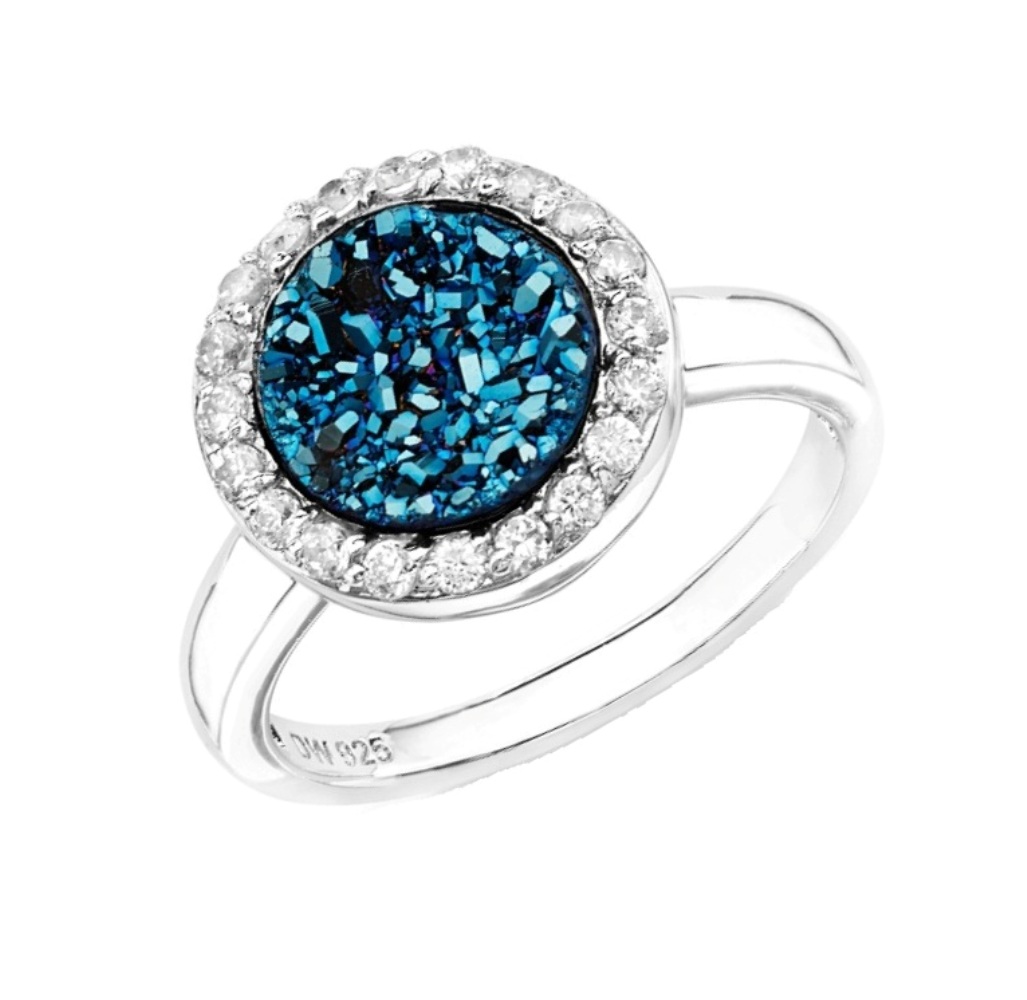 Blue Druzy Quartz and White CZ Halo Ring, Rhodium Plated Sterling Silver
