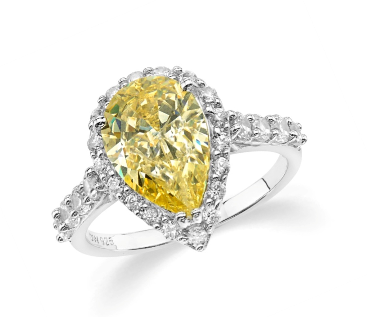 Sunshine Yellow CZ and White CZ Teardrop Ring, Rhodium Plated Sterling Silver