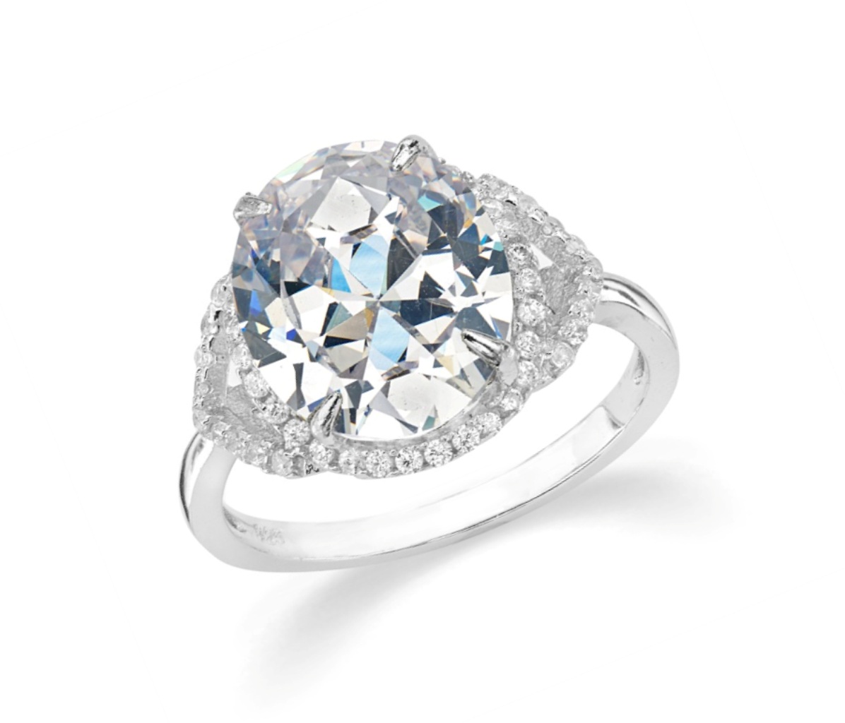 Clear CZ Oval Design Ring, Rhodium Plated Sterling Silver