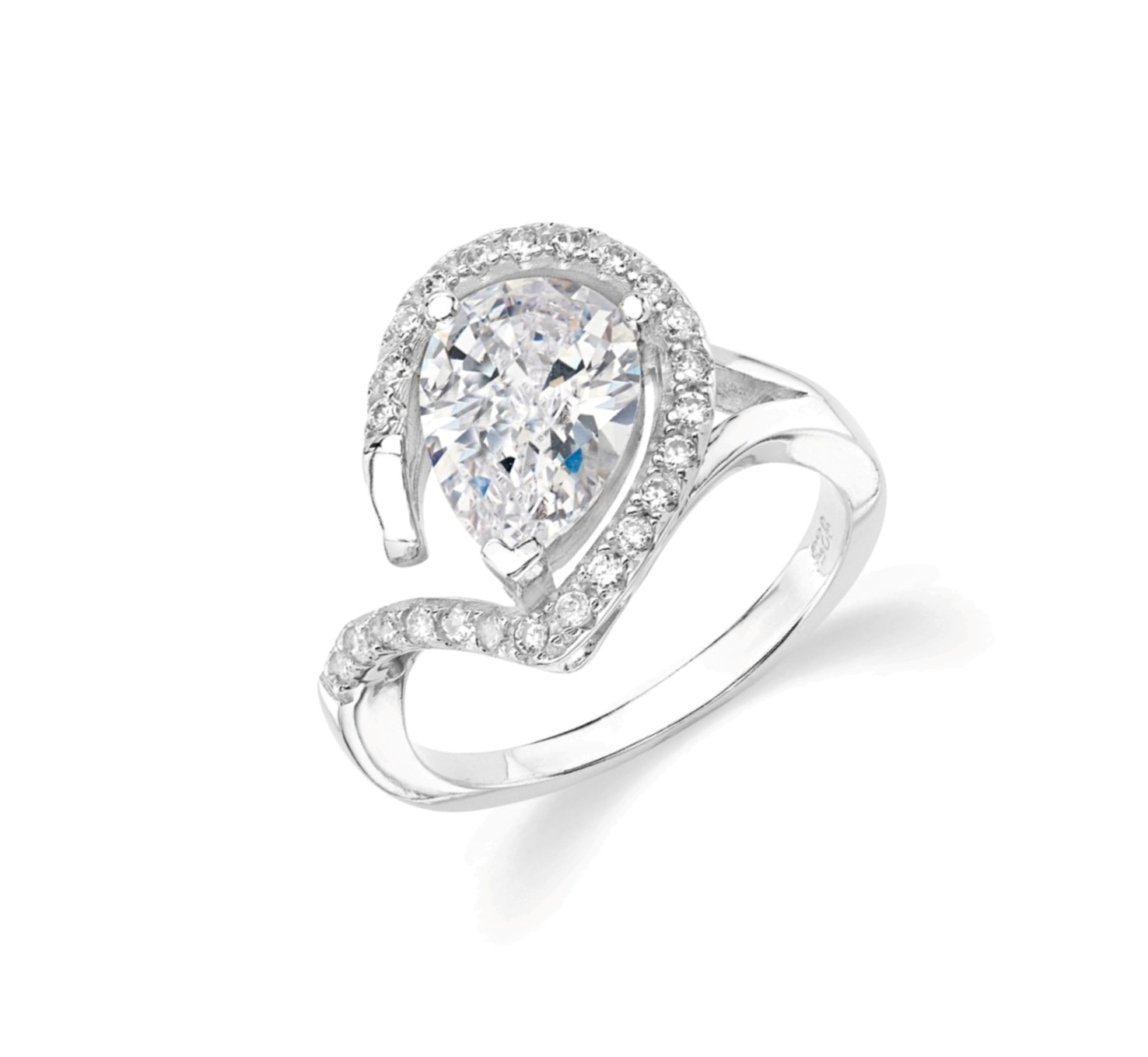 Clear CZ Swirl Teardrop Ring, Rhodium Plated Sterling Silver