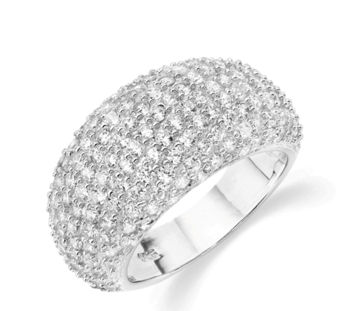 Clear CZ Pave Dome Ring,  Rhodium Plated Sterling Silver