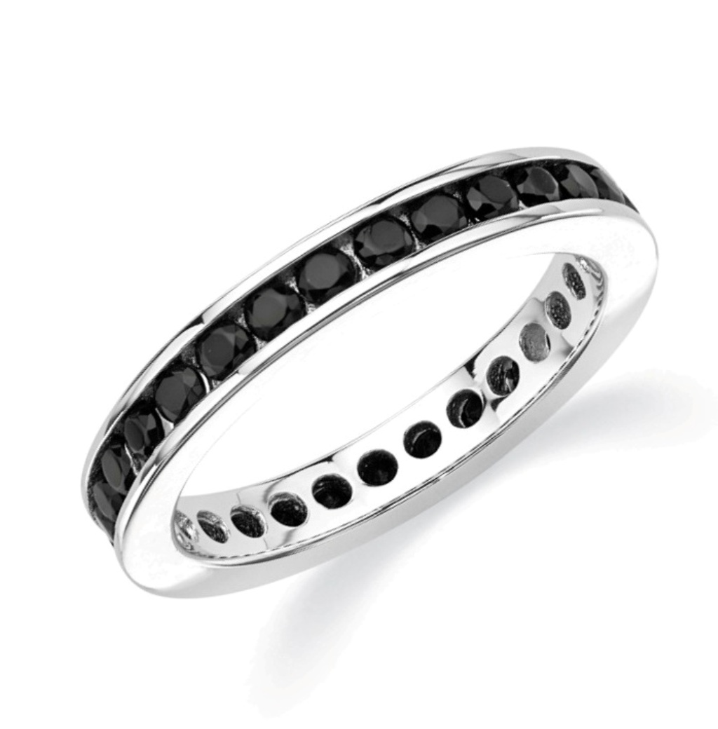 Black CZ Eternity Band Ring, Rhodium Plated Sterling Silver