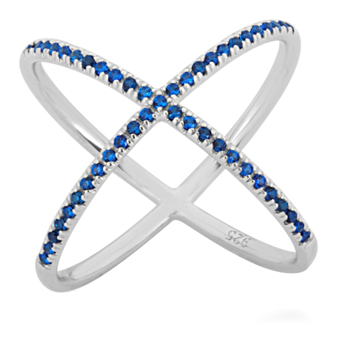 Dark Blue CZ 'X' Ring, Rhodium Plated Sterling Silver