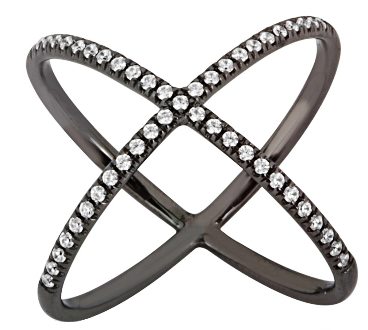 Black and White CZ  'X' Ring, Rhodium Plated Sterling Silver