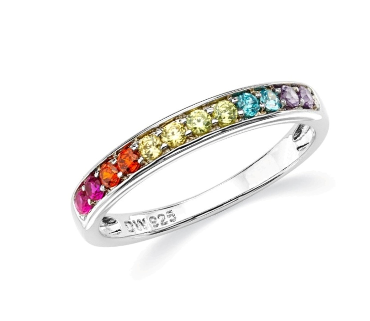 Multi-Color CZ'S Band Ring, Rhodium Plated Sterling Silver